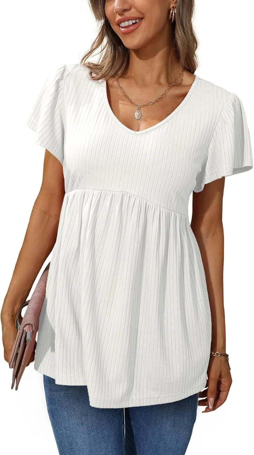 Glanzition Women Ruffle Short Sleeve V Neck Oversized Shirt Tunic Babydoll Tops