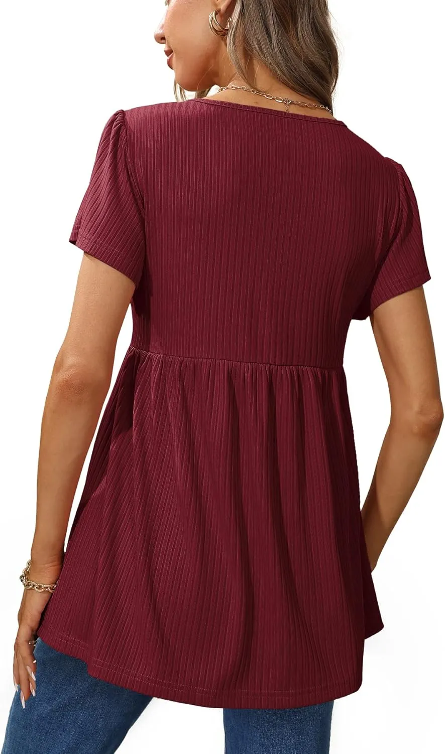 Glanzition Women Ruffle Short Sleeve V Neck Oversized Shirt Tunic Babydoll Tops
