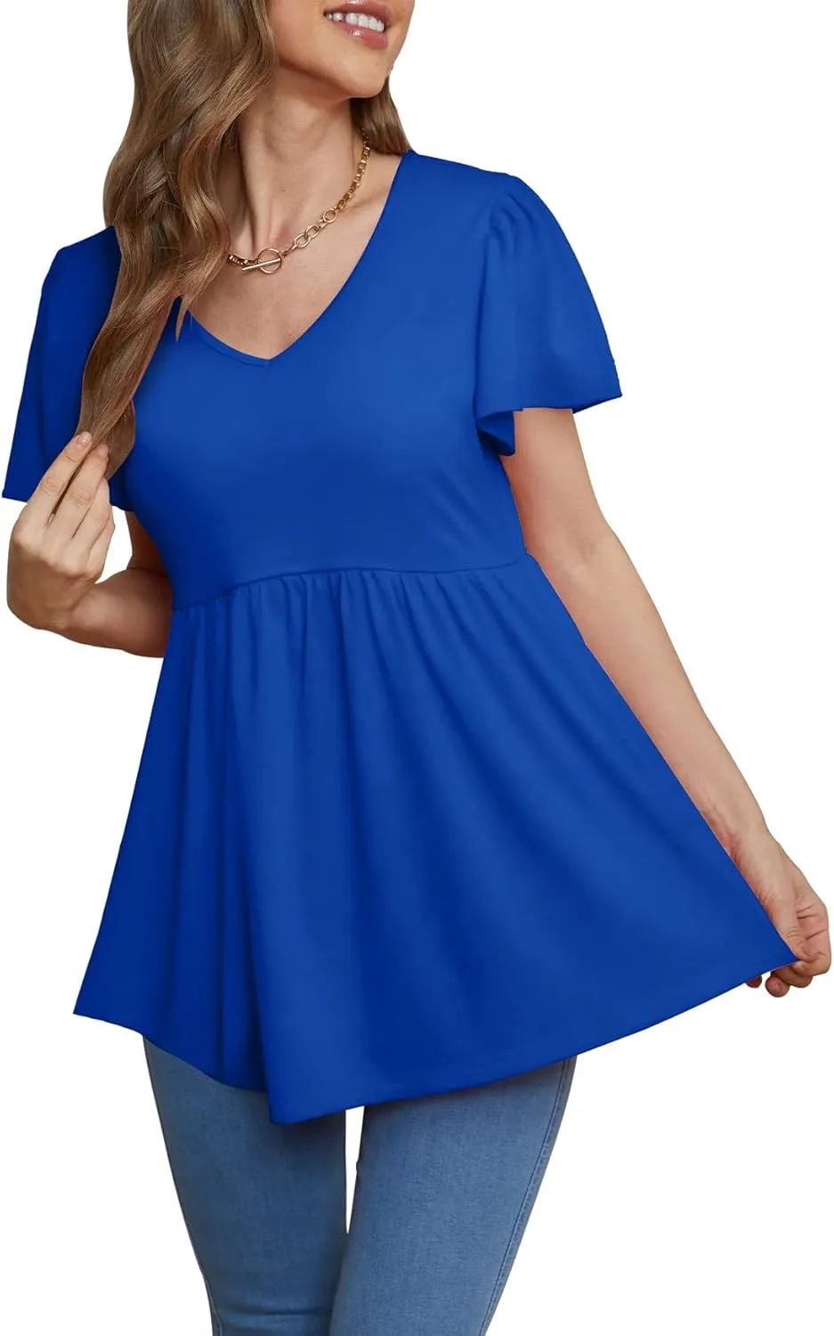 Glanzition Women Ruffle Short Sleeve V Neck Oversized Shirt Tunic Babydoll Tops