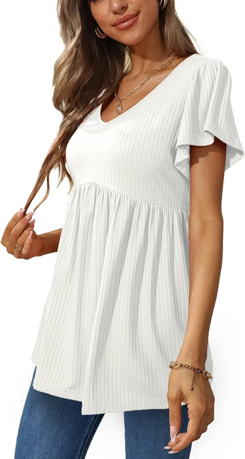 Glanzition Women Ruffle Short Sleeve V Neck Oversized Shirt Tunic Babydoll Tops