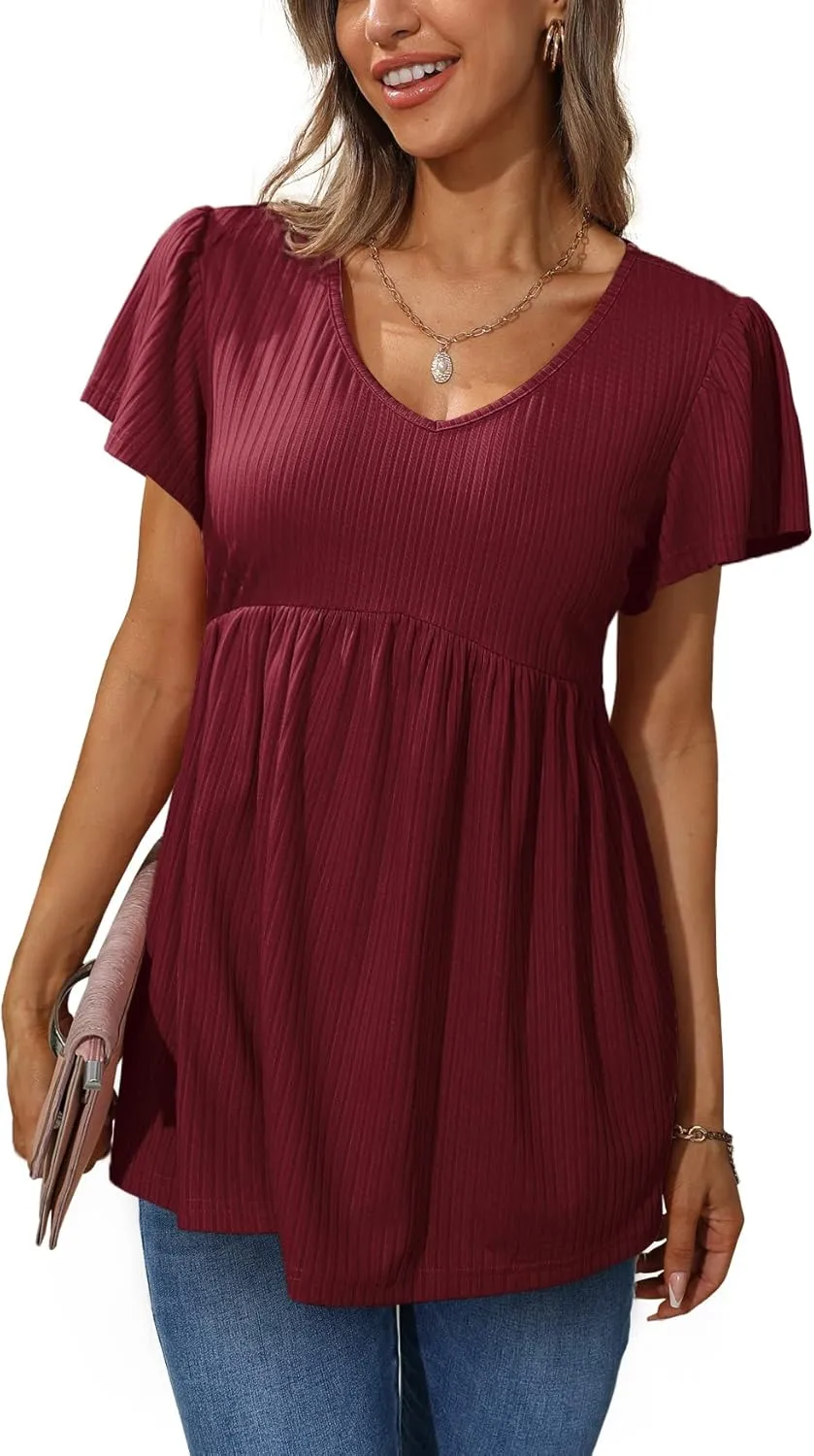 Glanzition Women Ruffle Short Sleeve V Neck Oversized Shirt Tunic Babydoll Tops