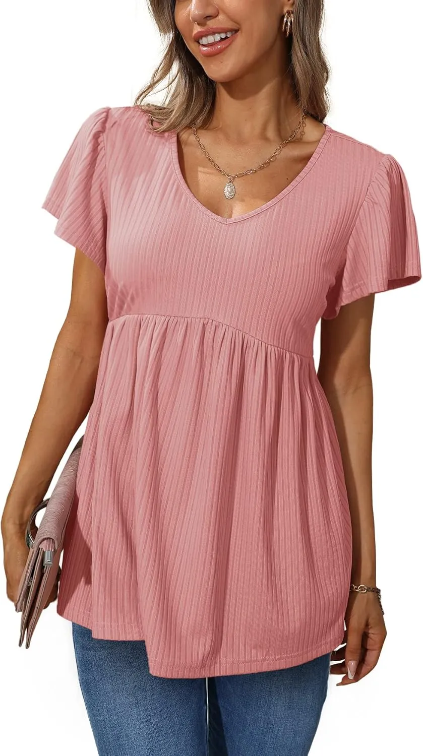 Glanzition Women Ruffle Short Sleeve V Neck Oversized Shirt Tunic Babydoll Tops