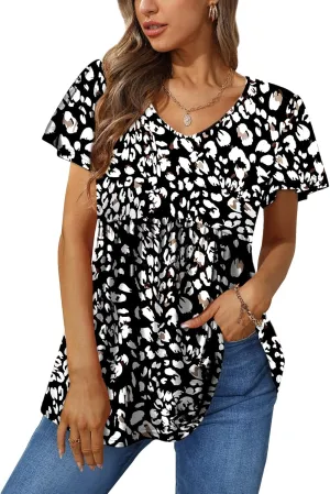 Glanzition Women Ruffle Short Sleeve V Neck Oversized Shirt Tunic Babydoll Tops