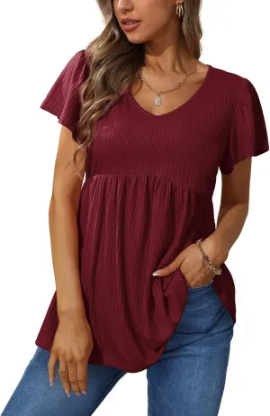 Glanzition Women Ruffle Short Sleeve V Neck Oversized Shirt Tunic Babydoll Tops