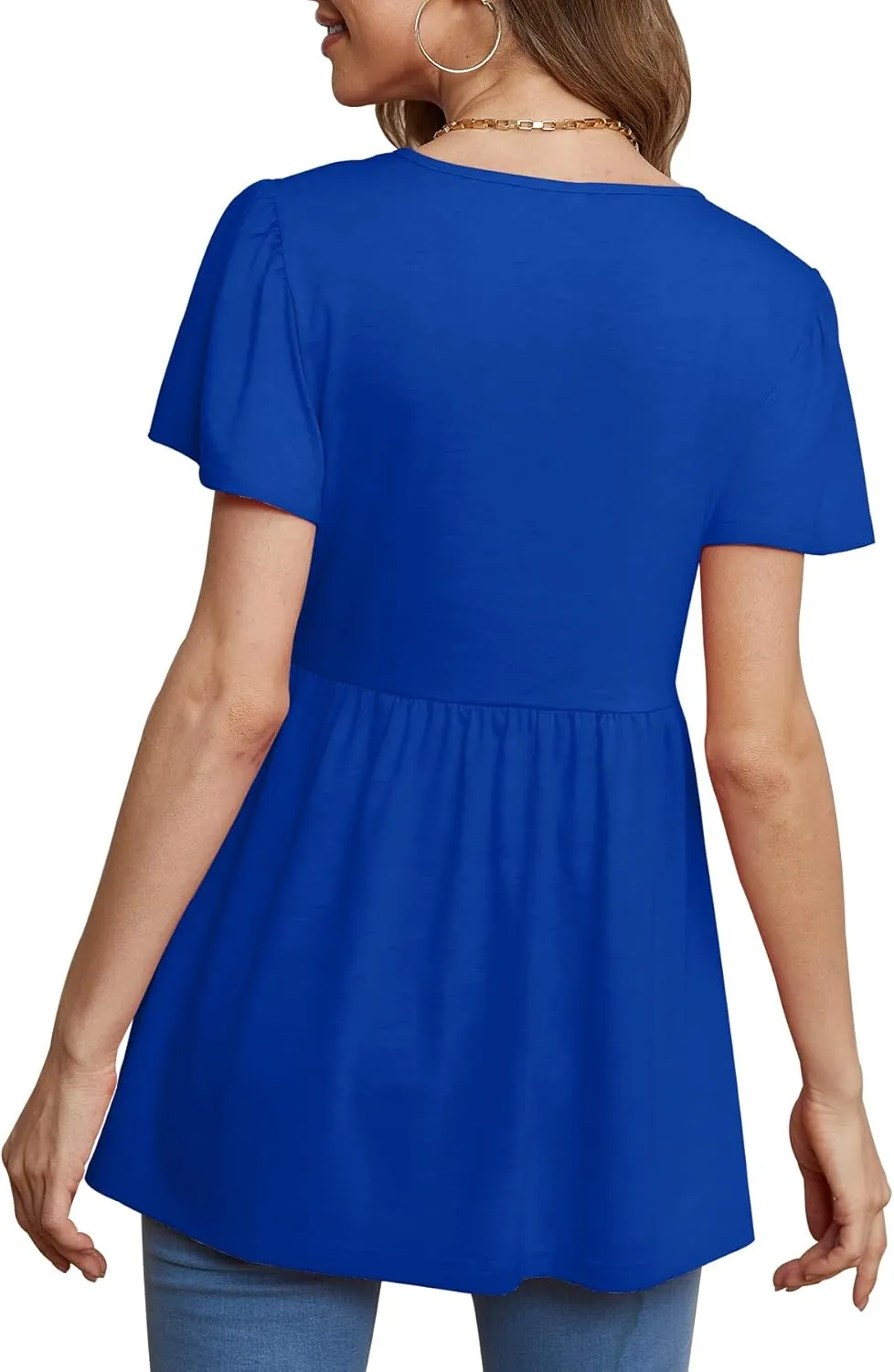 Glanzition Women Ruffle Short Sleeve V Neck Oversized Shirt Tunic Babydoll Tops