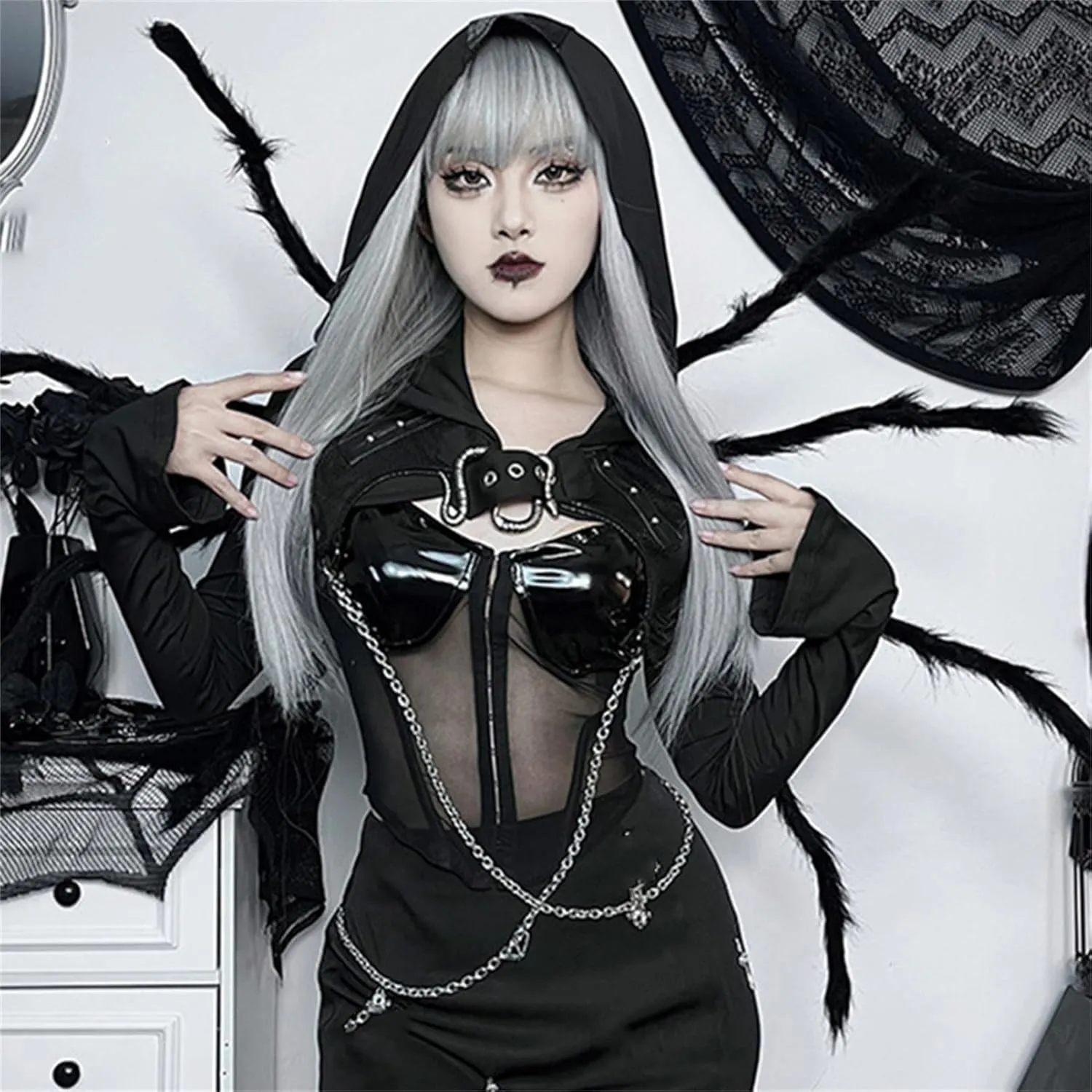Gothic Crop Top Hoodie for Women Black Sexy Sweatshirt Goth Shirt