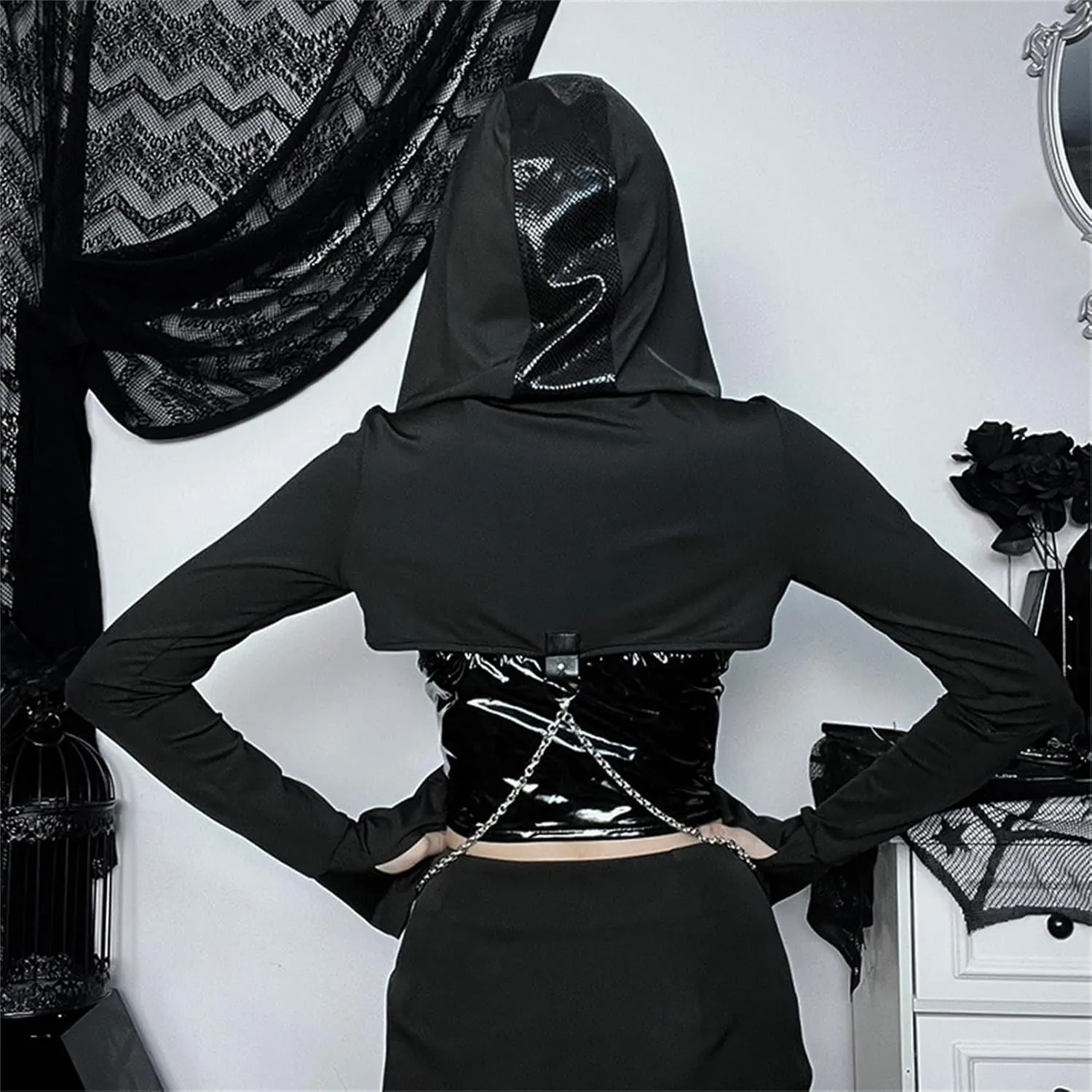 Gothic Crop Top Hoodie for Women Black Sexy Sweatshirt Goth Shirt