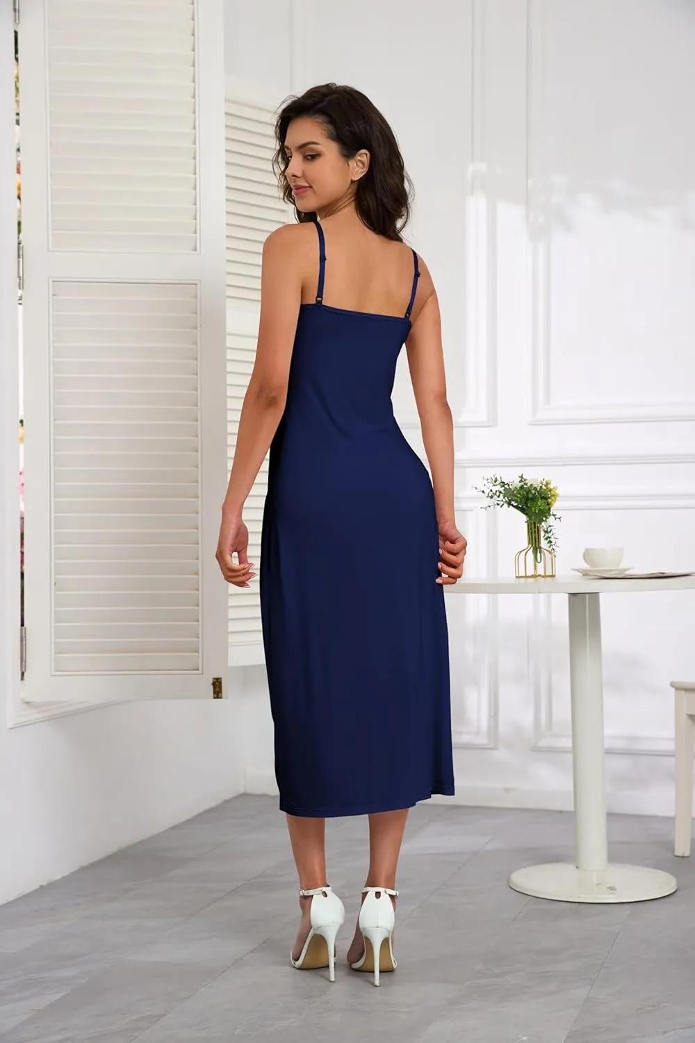 H HIAMIGOS Full Slip For Women Under Dress Lace Satin Silk V Neck Adjustable Spaghetti Strap Straight