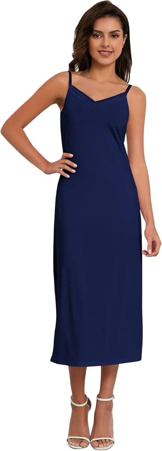 H HIAMIGOS Full Slip For Women Under Dress Lace Satin Silk V Neck Adjustable Spaghetti Strap Straight