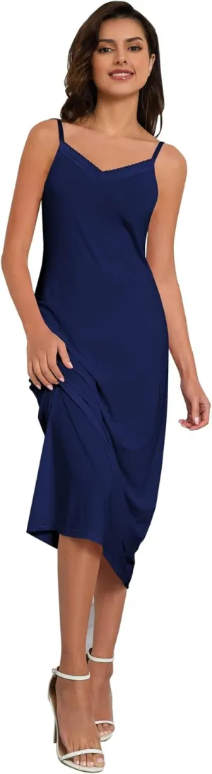 H HIAMIGOS Full Slip For Women Under Dress Lace Satin Silk V Neck Adjustable Spaghetti Strap Straight