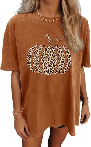Halloween Pumpkin Oversized Shirt Women Funny Plaid Leopard Print Graphic Tees Fall Shirt Thanksgiving Gift Tops