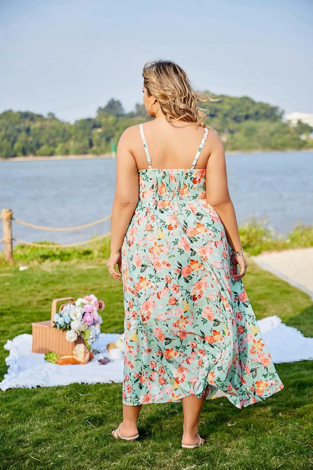 Hanna Nikole Women‘s Plus Size Casual Spaghetti Straps Bohemian Maxi Dress V Neck Flowy Dress with Pockets