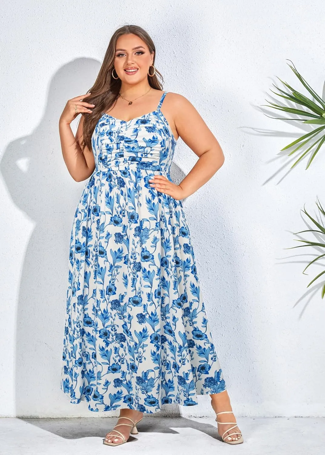 Hanna Nikole Women‘s Plus Size Casual Spaghetti Straps Bohemian Maxi Dress V Neck Flowy Dress with Pockets