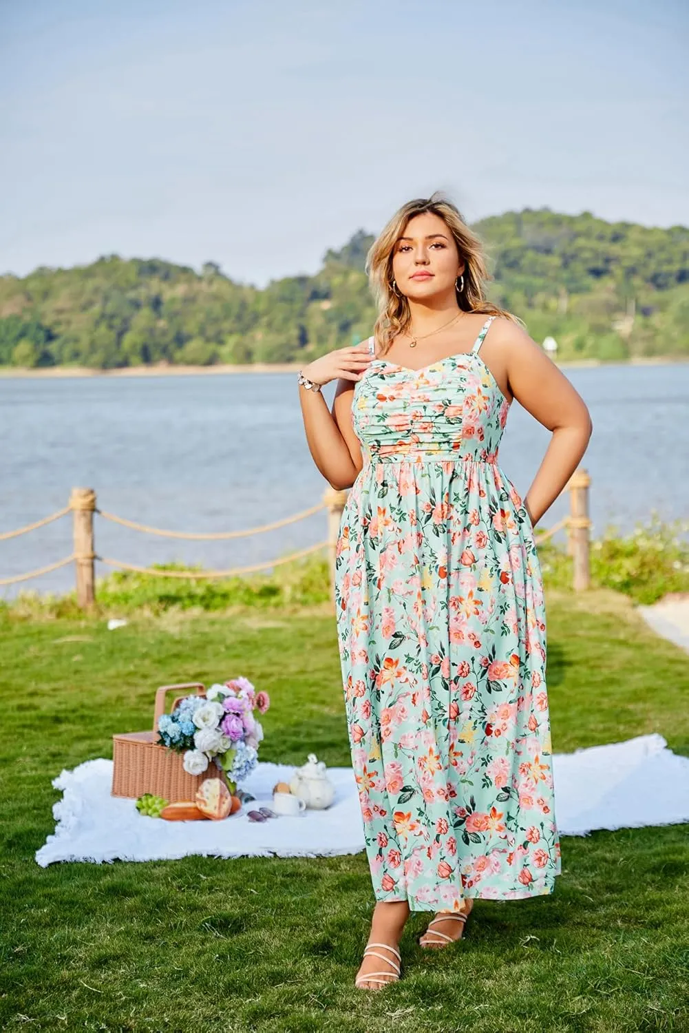 Hanna Nikole Women‘s Plus Size Casual Spaghetti Straps Bohemian Maxi Dress V Neck Flowy Dress with Pockets