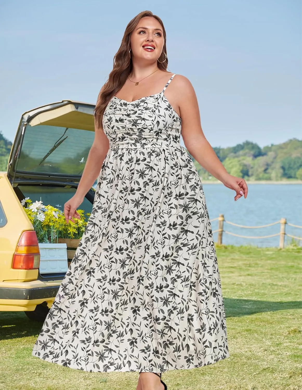 Hanna Nikole Women‘s Plus Size Casual Spaghetti Straps Bohemian Maxi Dress V Neck Flowy Dress with Pockets