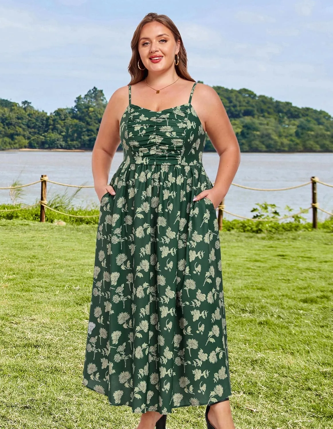 Hanna Nikole Women‘s Plus Size Casual Spaghetti Straps Bohemian Maxi Dress V Neck Flowy Dress with Pockets