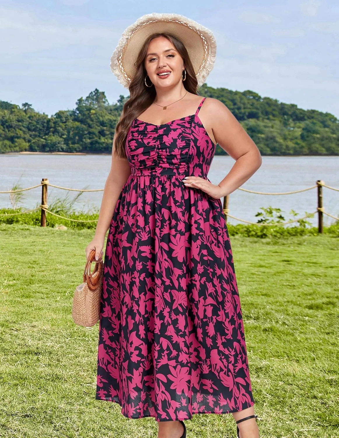 Hanna Nikole Women‘s Plus Size Casual Spaghetti Straps Bohemian Maxi Dress V Neck Flowy Dress with Pockets