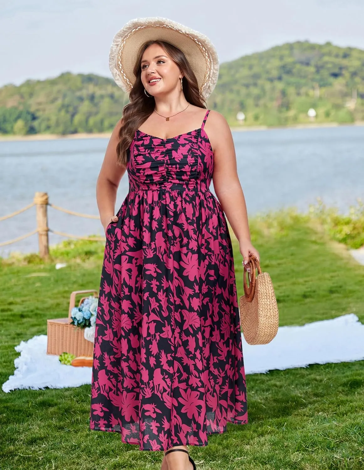 Hanna Nikole Women‘s Plus Size Casual Spaghetti Straps Bohemian Maxi Dress V Neck Flowy Dress with Pockets