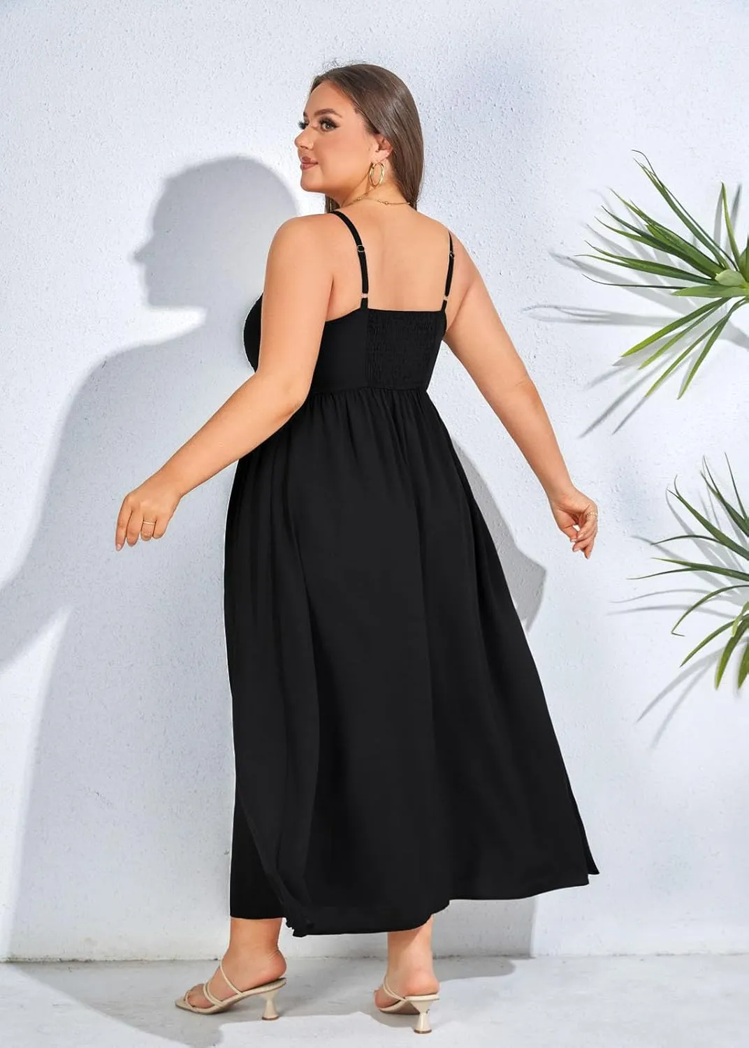 Hanna Nikole Women‘s Plus Size Casual Spaghetti Straps Bohemian Maxi Dress V Neck Flowy Dress with Pockets