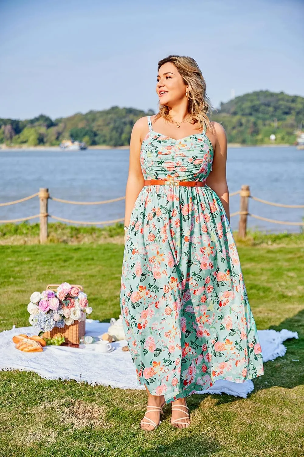 Hanna Nikole Women‘s Plus Size Casual Spaghetti Straps Bohemian Maxi Dress V Neck Flowy Dress with Pockets