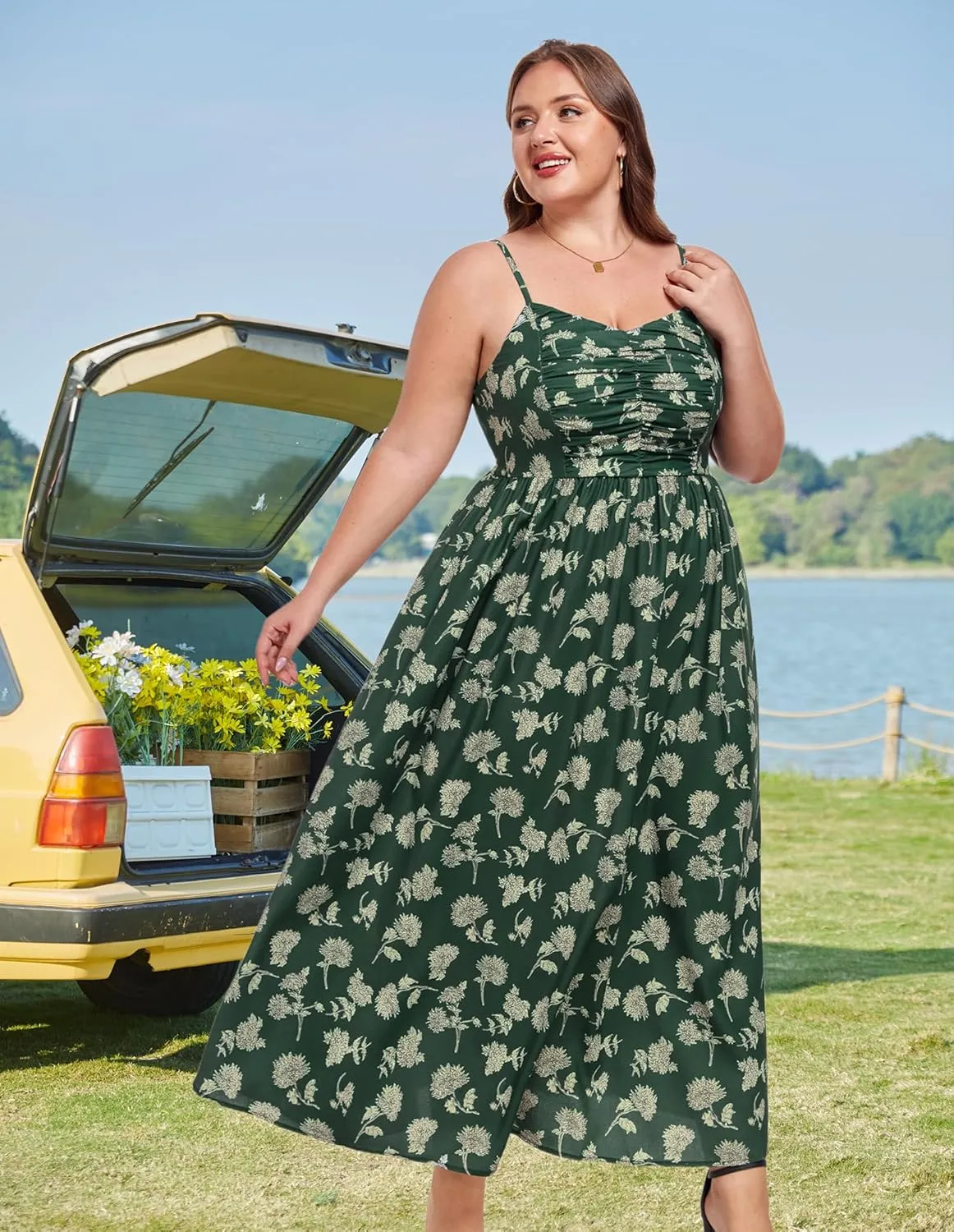 Hanna Nikole Women‘s Plus Size Casual Spaghetti Straps Bohemian Maxi Dress V Neck Flowy Dress with Pockets
