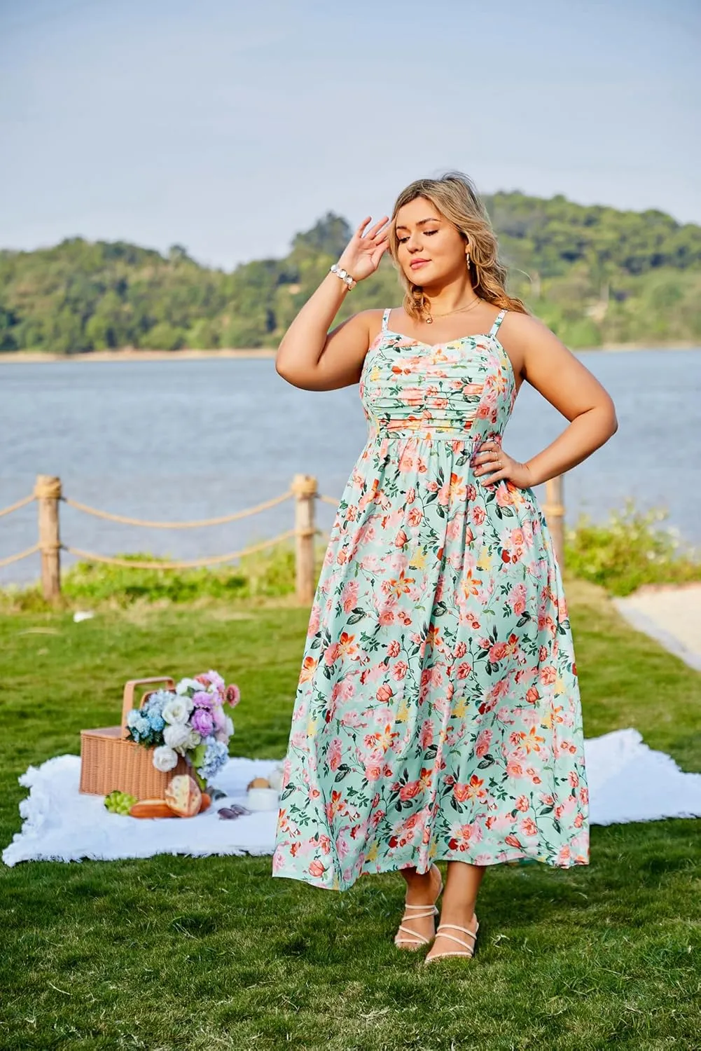 Hanna Nikole Women‘s Plus Size Casual Spaghetti Straps Bohemian Maxi Dress V Neck Flowy Dress with Pockets