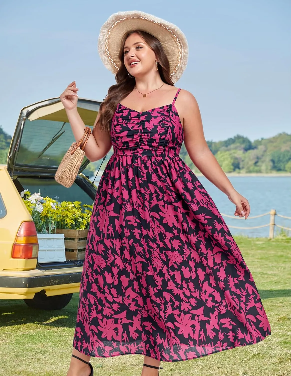 Hanna Nikole Women‘s Plus Size Casual Spaghetti Straps Bohemian Maxi Dress V Neck Flowy Dress with Pockets