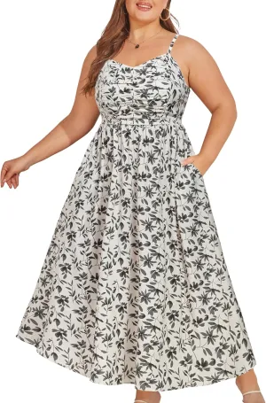 Hanna Nikole Women‘s Plus Size Casual Spaghetti Straps Bohemian Maxi Dress V Neck Flowy Dress with Pockets