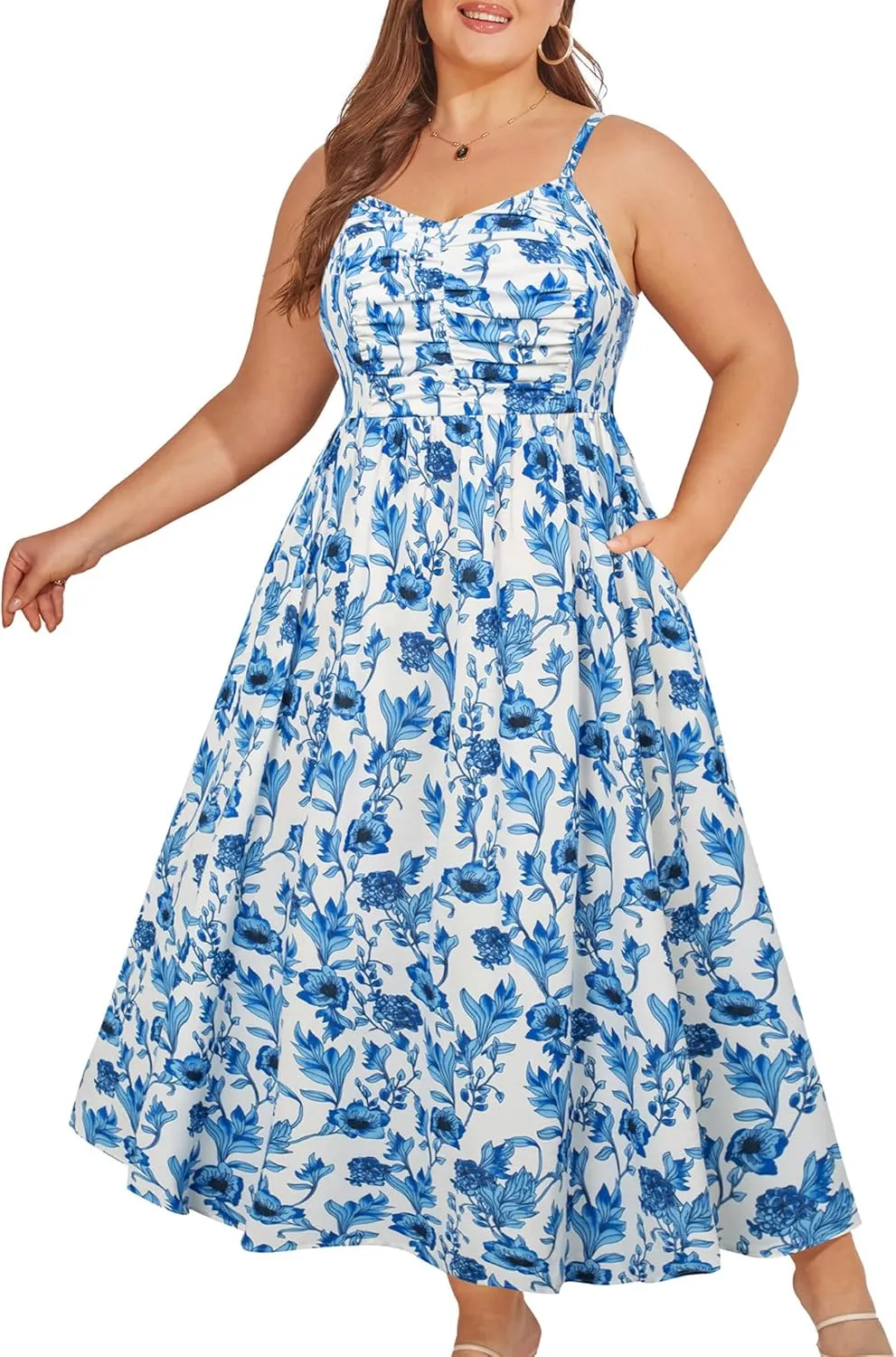 Hanna Nikole Women‘s Plus Size Casual Spaghetti Straps Bohemian Maxi Dress V Neck Flowy Dress with Pockets