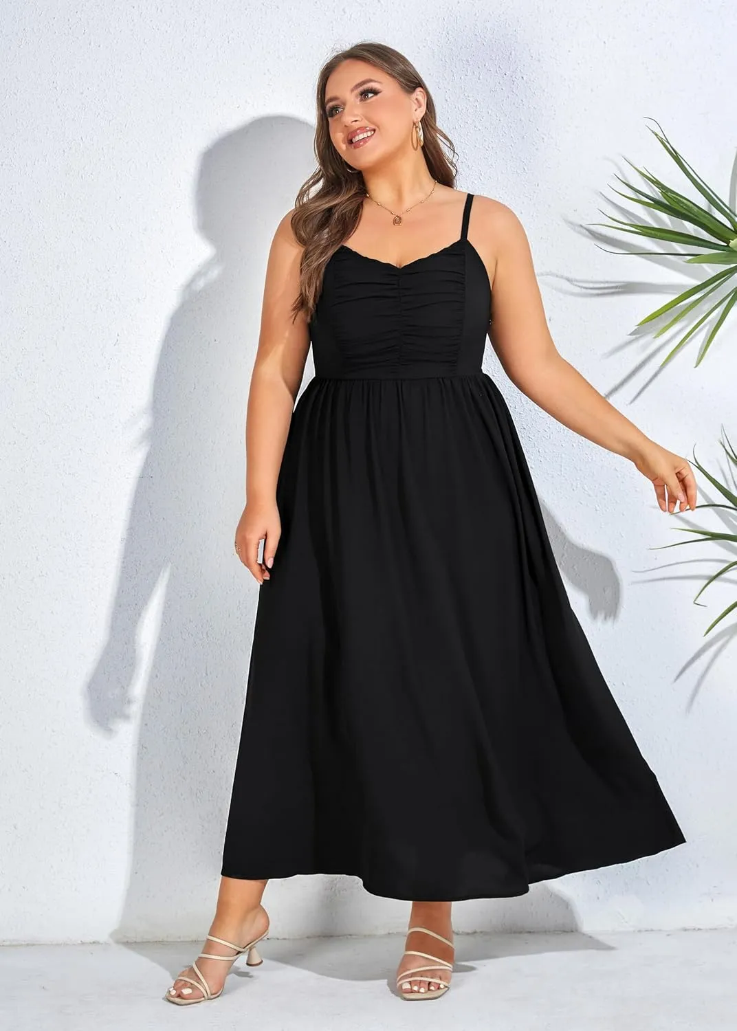 Hanna Nikole Women‘s Plus Size Casual Spaghetti Straps Bohemian Maxi Dress V Neck Flowy Dress with Pockets