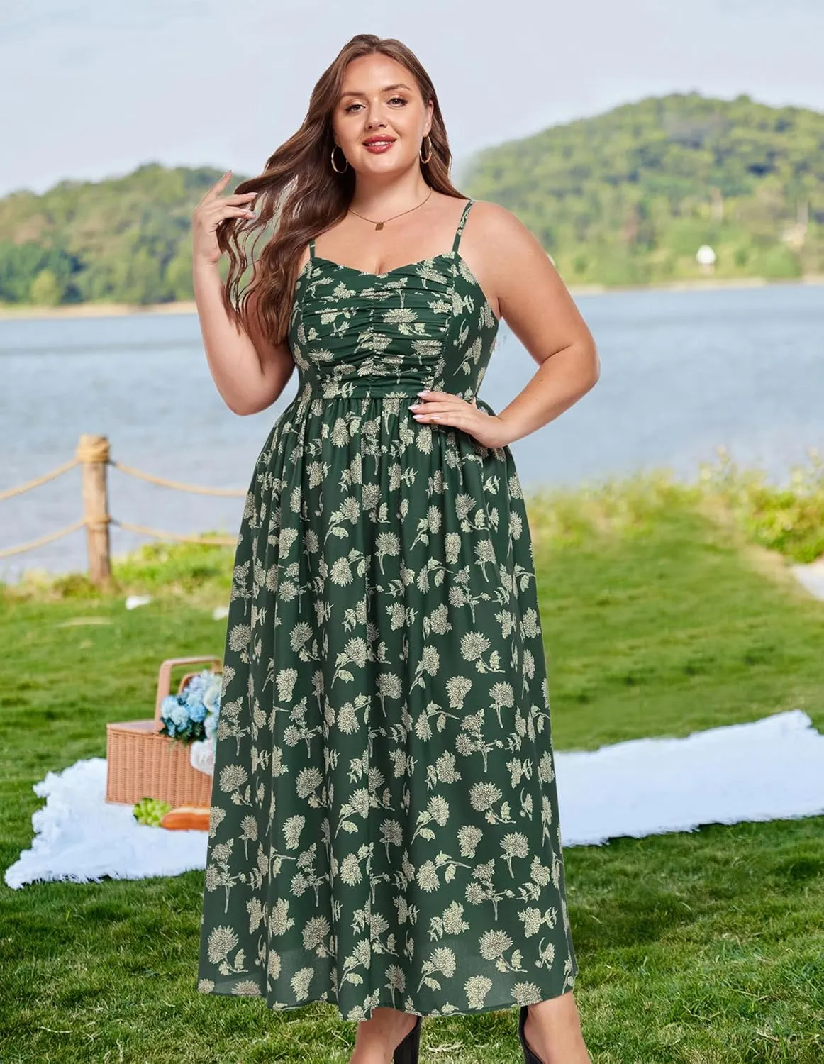 Hanna Nikole Women‘s Plus Size Casual Spaghetti Straps Bohemian Maxi Dress V Neck Flowy Dress with Pockets