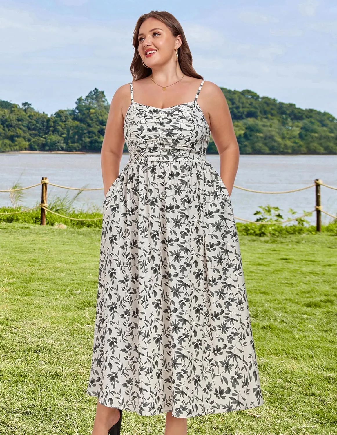 Hanna Nikole Women‘s Plus Size Casual Spaghetti Straps Bohemian Maxi Dress V Neck Flowy Dress with Pockets