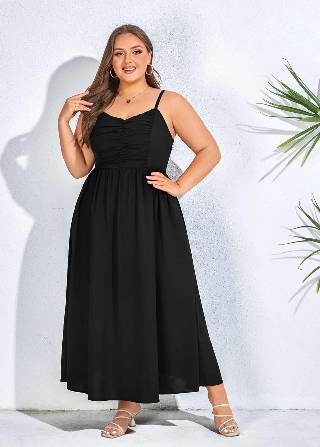 Hanna Nikole Women‘s Plus Size Casual Spaghetti Straps Bohemian Maxi Dress V Neck Flowy Dress with Pockets