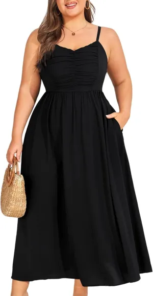 Hanna Nikole Women‘s Plus Size Casual Spaghetti Straps Bohemian Maxi Dress V Neck Flowy Dress with Pockets