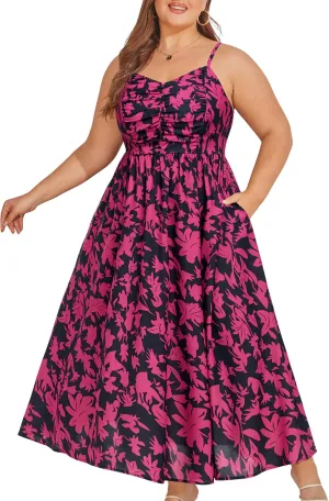 Hanna Nikole Women‘s Plus Size Casual Spaghetti Straps Bohemian Maxi Dress V Neck Flowy Dress with Pockets