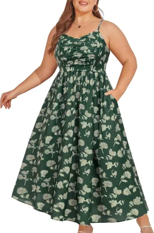 Hanna Nikole Women‘s Plus Size Casual Spaghetti Straps Bohemian Maxi Dress V Neck Flowy Dress with Pockets