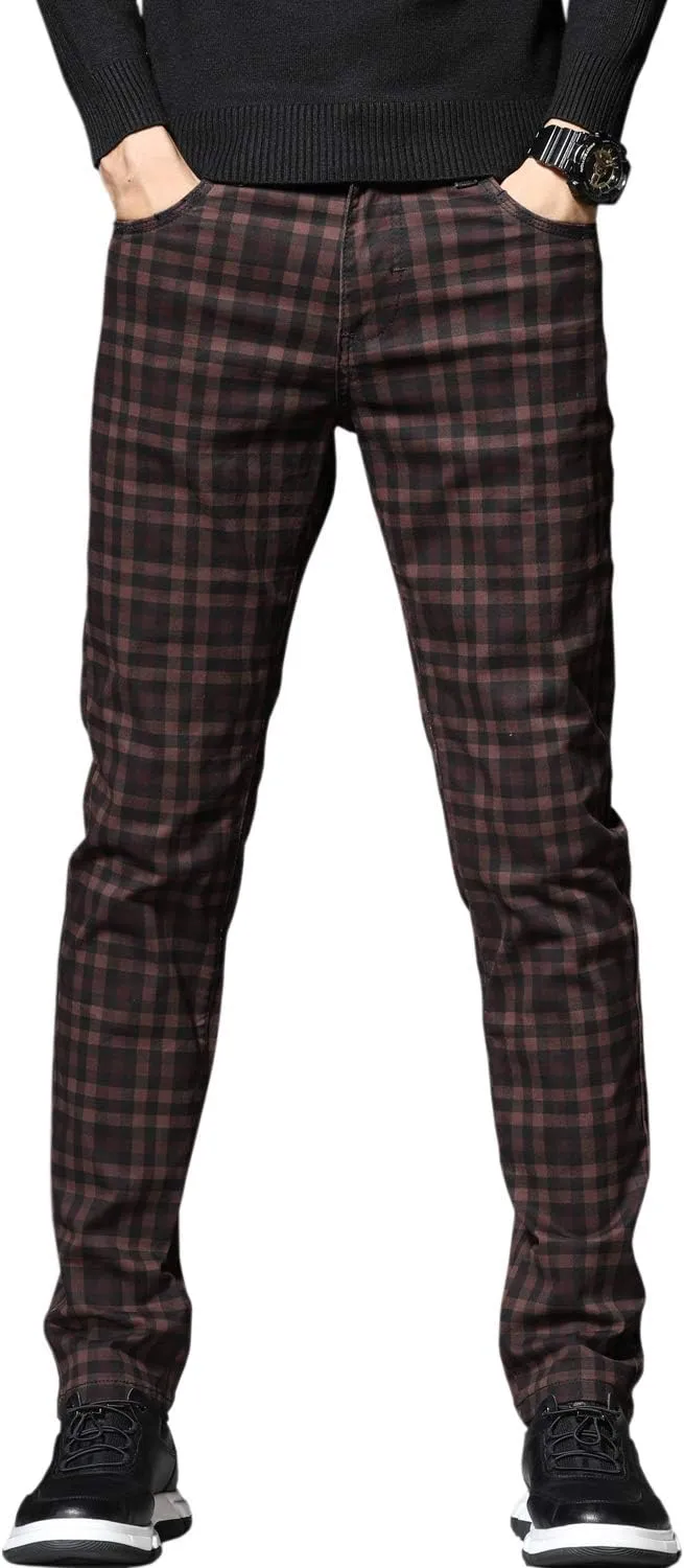 HENGAO Men's Straight Fit Plaid Chino Pants