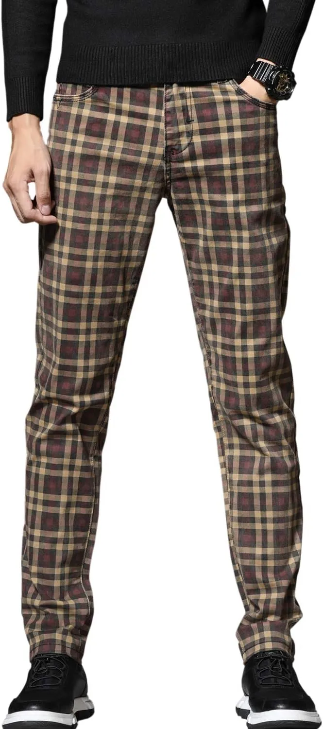 HENGAO Men's Straight Fit Plaid Chino Pants