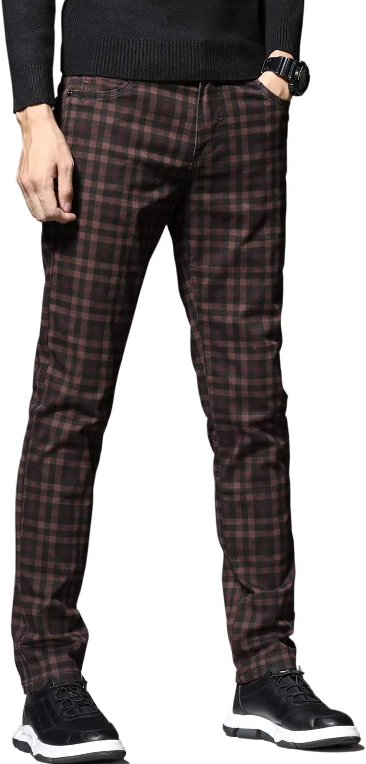 HENGAO Men's Straight Fit Plaid Chino Pants