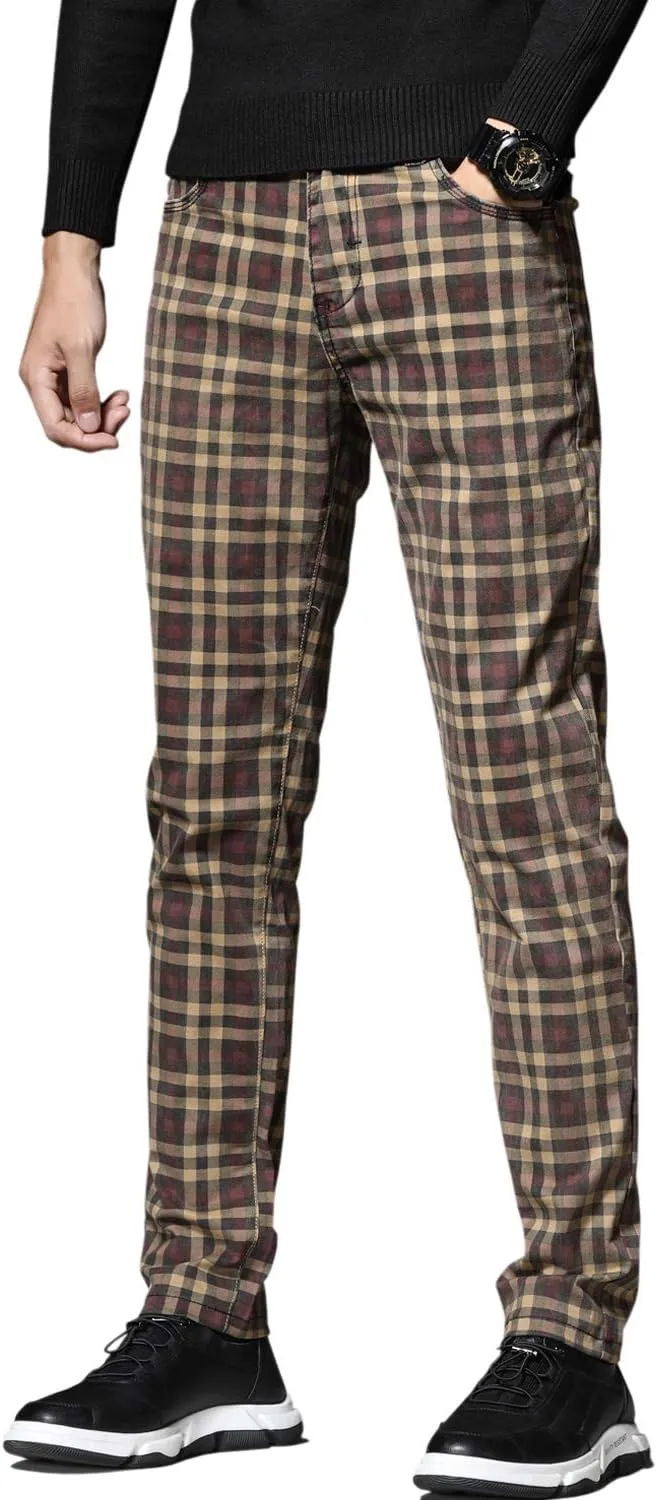 HENGAO Men's Straight Fit Plaid Chino Pants