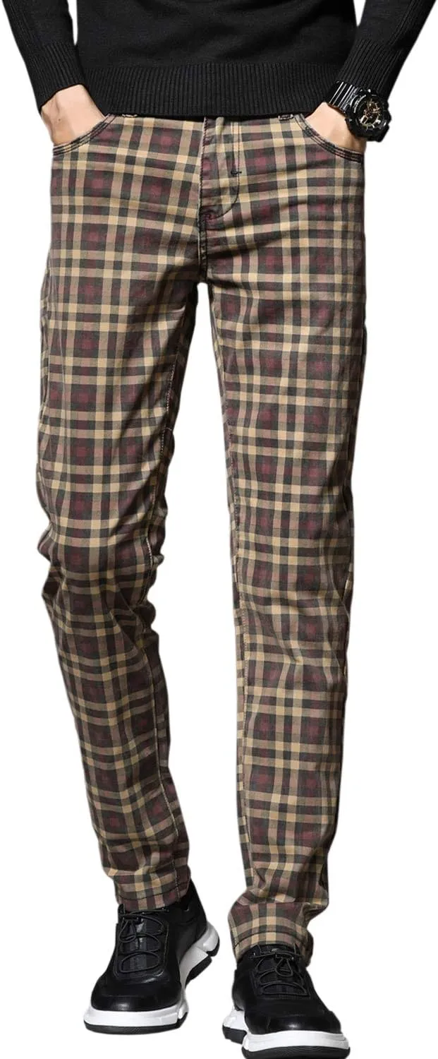 HENGAO Men's Straight Fit Plaid Chino Pants