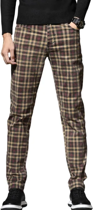 HENGAO Men's Straight Fit Plaid Chino Pants