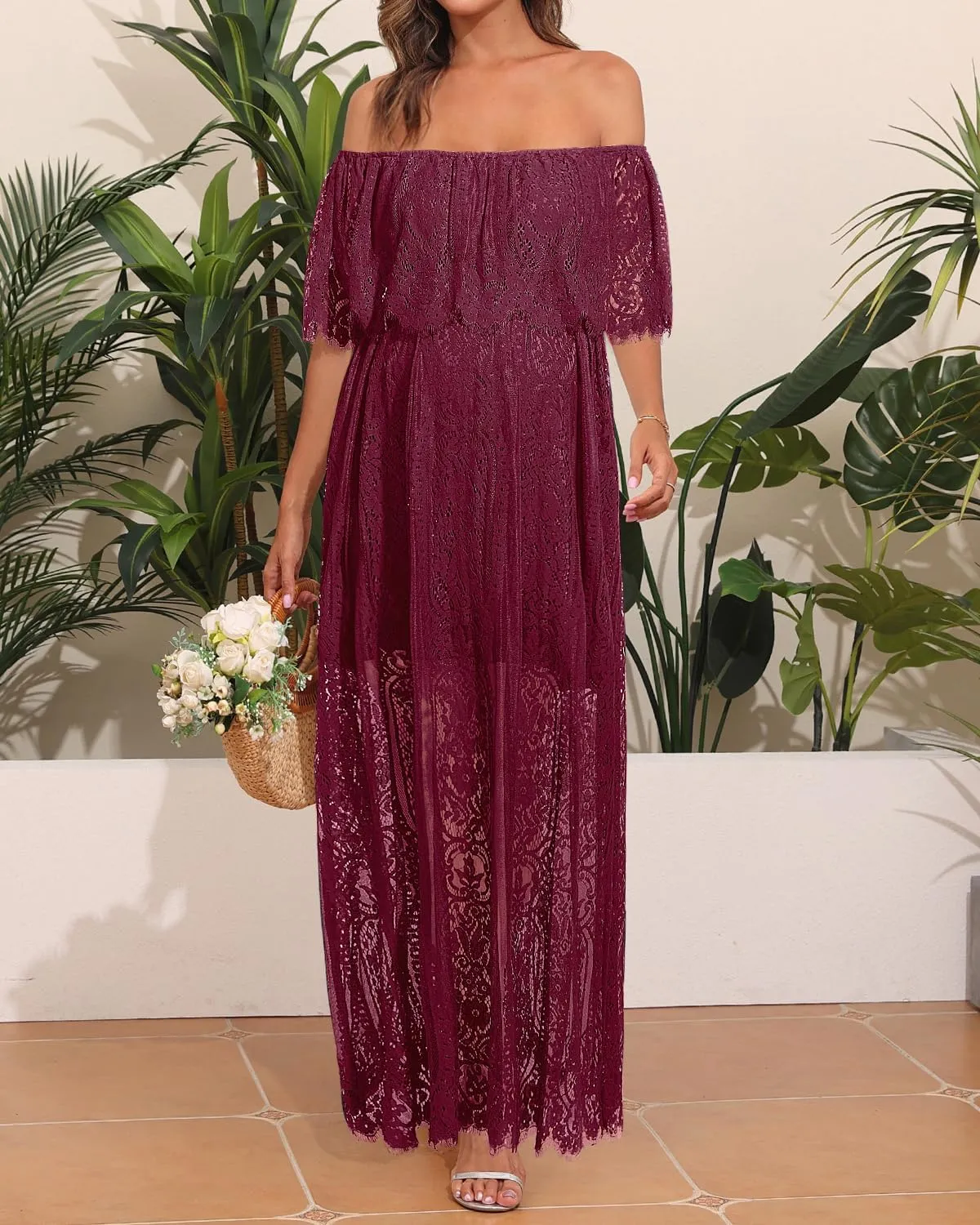 Holipick Women's Off Shoulder Lace Maxi Dress Boho Wedding Guest Bridesmaid Beach Formal Long Dress