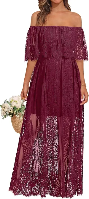 Holipick Women's Off Shoulder Lace Maxi Dress Boho Wedding Guest Bridesmaid Beach Formal Long Dress