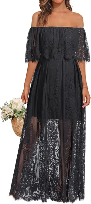 Holipick Women's Off Shoulder Lace Maxi Dress Boho Wedding Guest Bridesmaid Beach Formal Long Dress