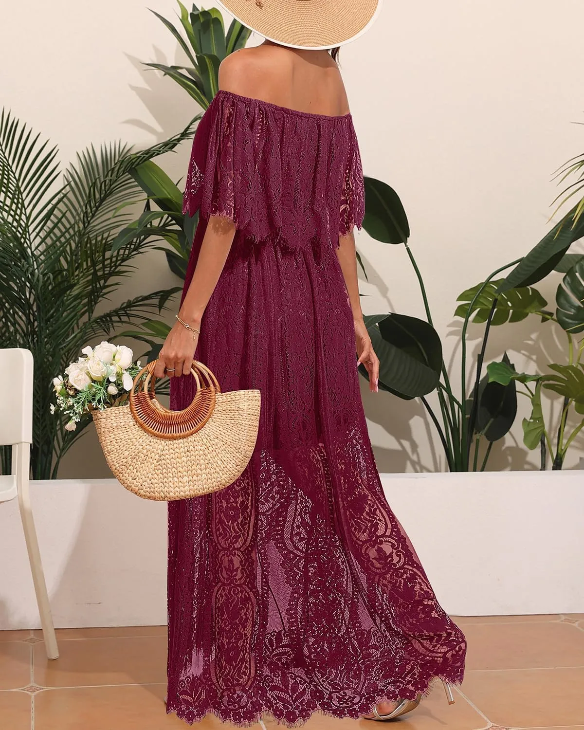 Holipick Women's Off Shoulder Lace Maxi Dress Boho Wedding Guest Bridesmaid Beach Formal Long Dress