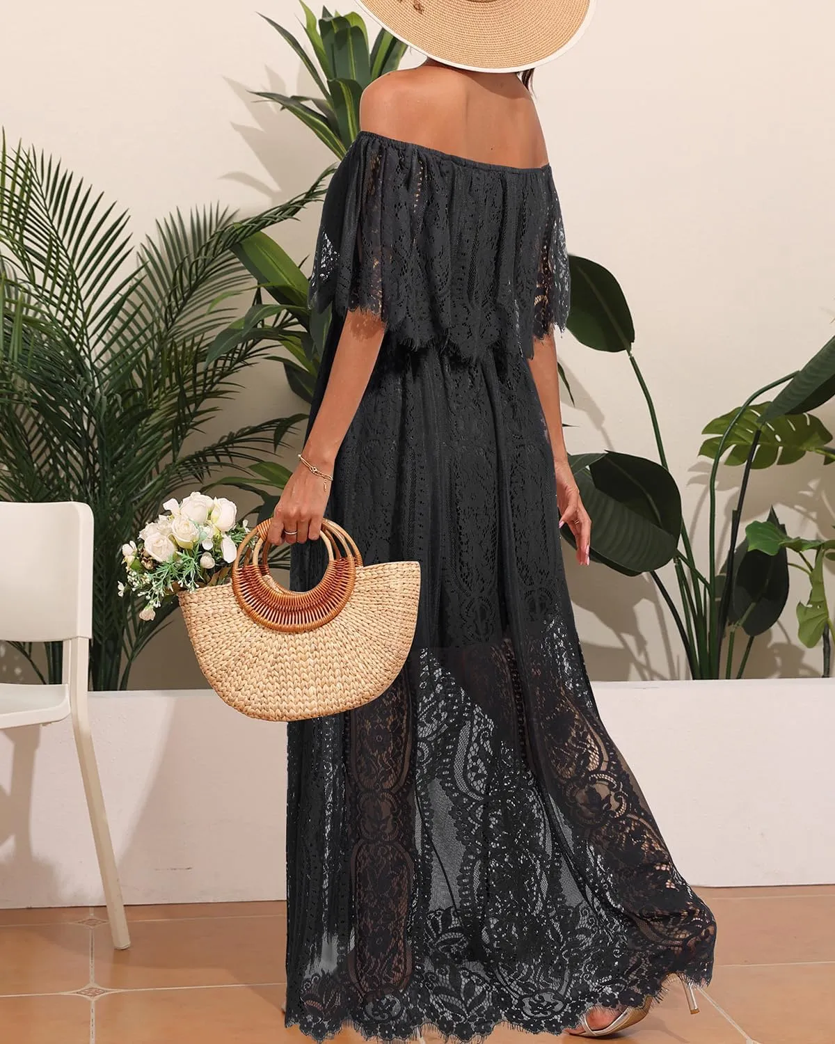 Holipick Women's Off Shoulder Lace Maxi Dress Boho Wedding Guest Bridesmaid Beach Formal Long Dress
