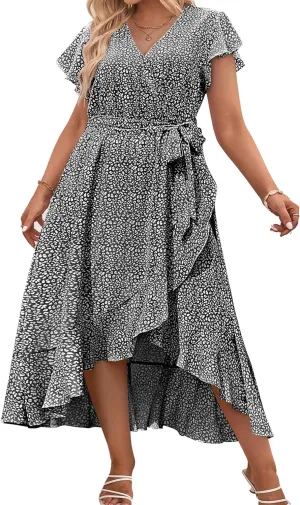 IN'VOLAND Plus Size Womens Floral Summer Dress Casual Wrap V Neck Short Sleeve Belted Beach Bohemian Maxi Dress
