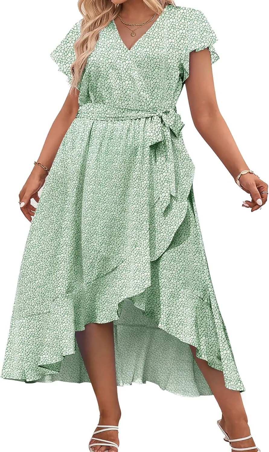 IN'VOLAND Plus Size Womens Floral Summer Dress Casual Wrap V Neck Short Sleeve Belted Beach Bohemian Maxi Dress
