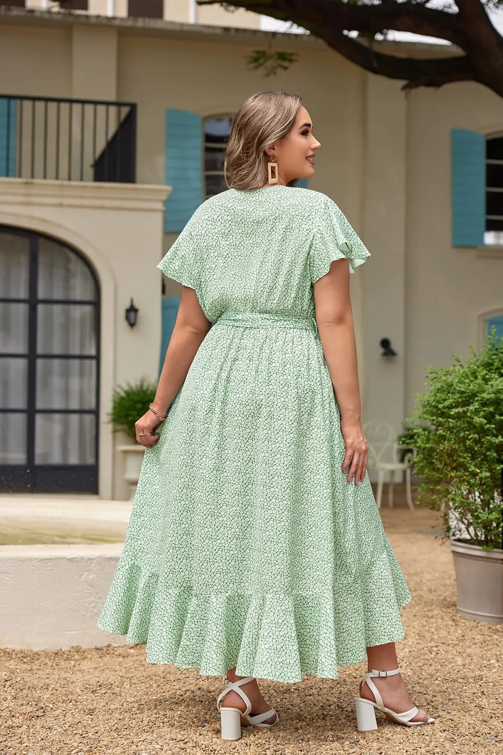 IN'VOLAND Plus Size Womens Floral Summer Dress Casual Wrap V Neck Short Sleeve Belted Beach Bohemian Maxi Dress